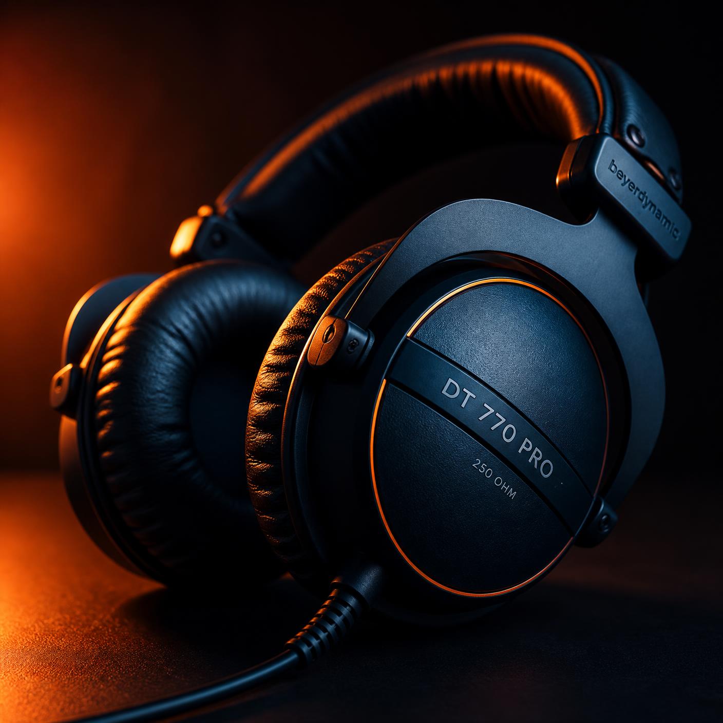 Studio headphones with orange rim light